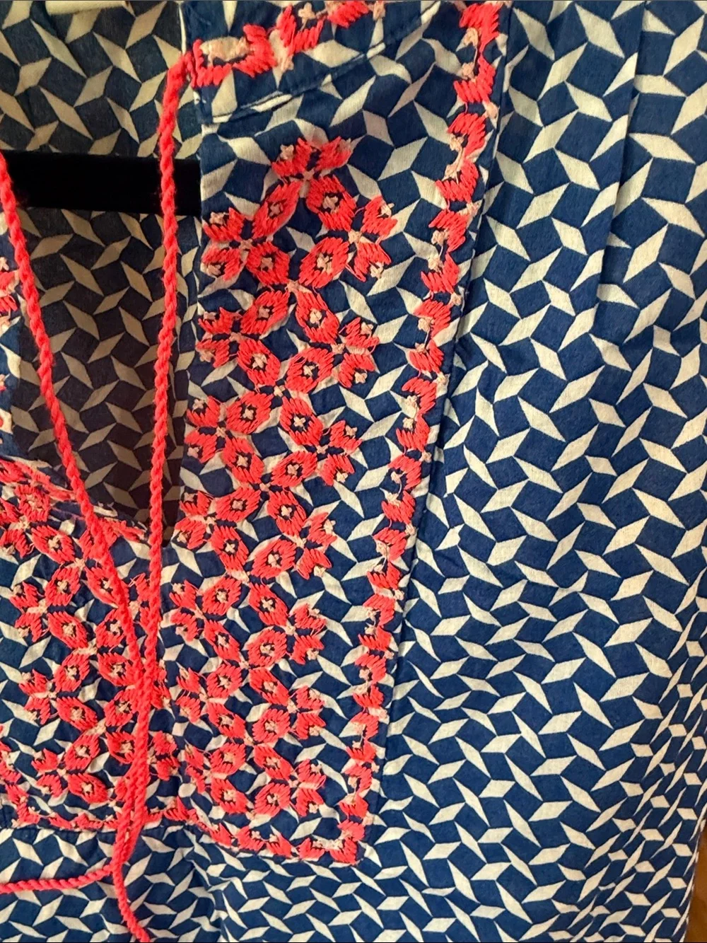 J. Crew Blue Geo-Print Sleeveless Top with Coral Embroidery